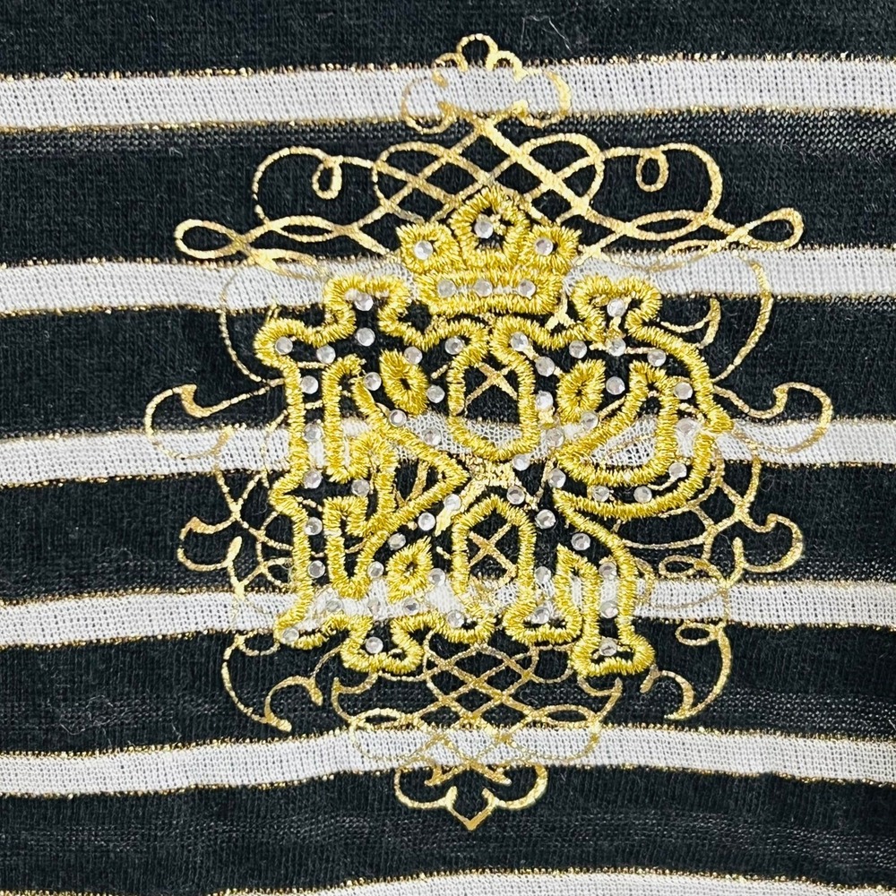 Express Striped Turtleneck‎ Top S Black White Long Sleeve Gold Crest Y2K - Picture 6 of 10